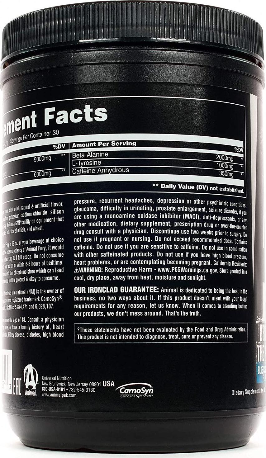 Animal Fury - Pre Workout Powder Supplement for Energy and Focus - 5g BCAA, 350mg Caffeine, Nitric Oxide, Without Creatine - Powerful Stimulant for Bodybuilders - Ice Pop - 30 Servings