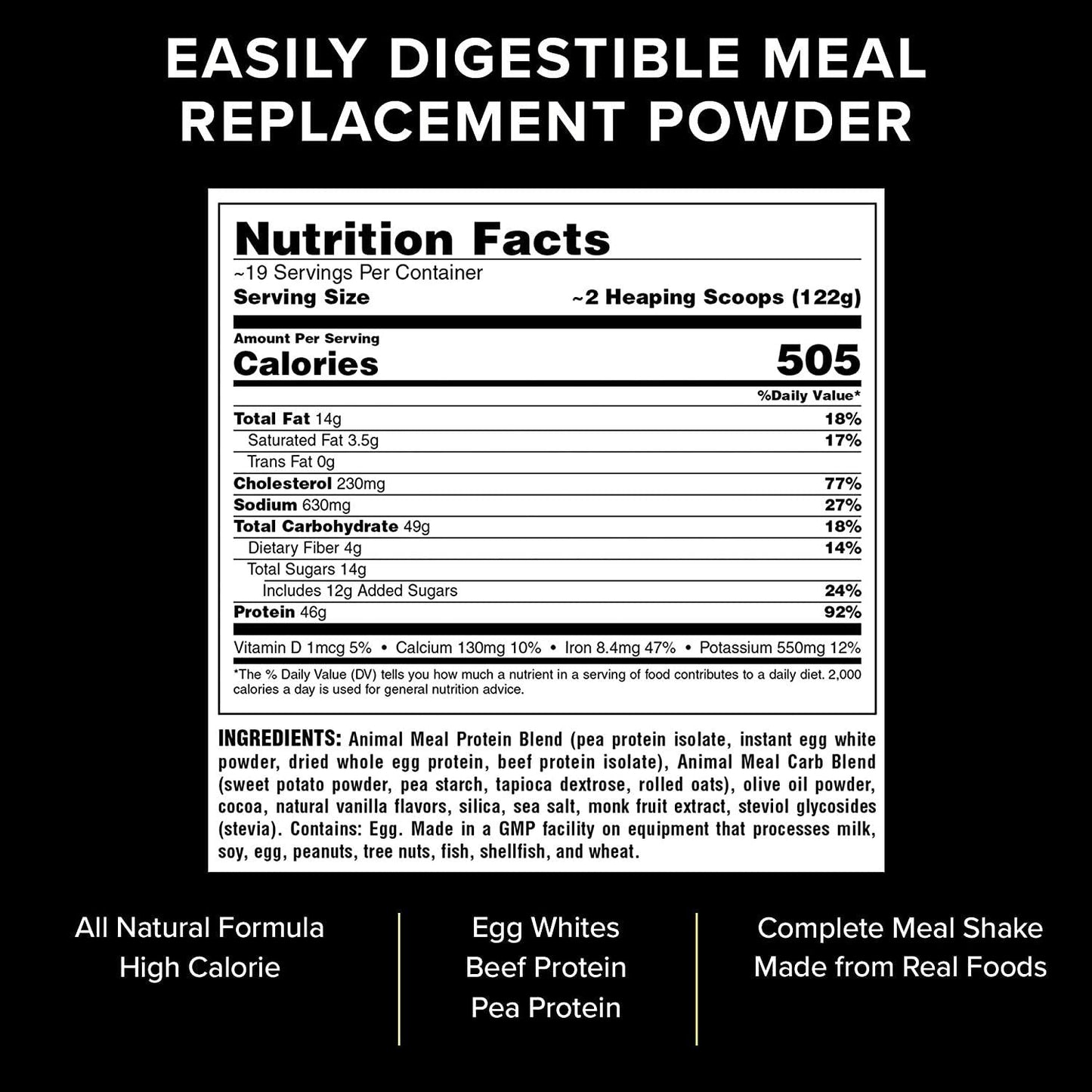 Animal Meal - All Natural High Calorie Meal Shake - Egg Whites, Beef Protein, Pea Protein, Chocolate, 5 Pound (3930)