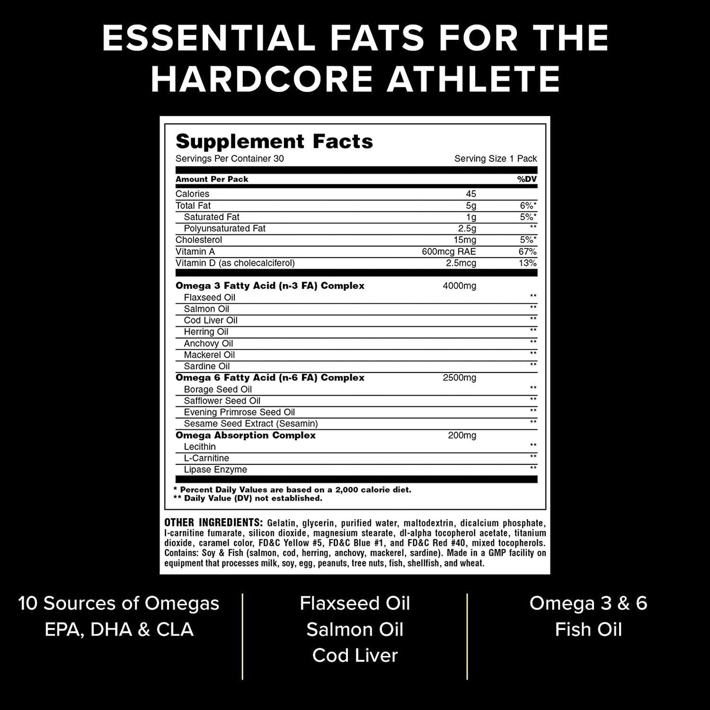 Animal Omega - Omega 3 6 Supplement - Fish Oil, Flaxseed Oil, Salmon Oil, Cod Liver, Herring, and more - 10 Sources of Omegas and EFAs - Full dose of EPA, DHA, CLA + Absorption Complex - 30 Day Pack