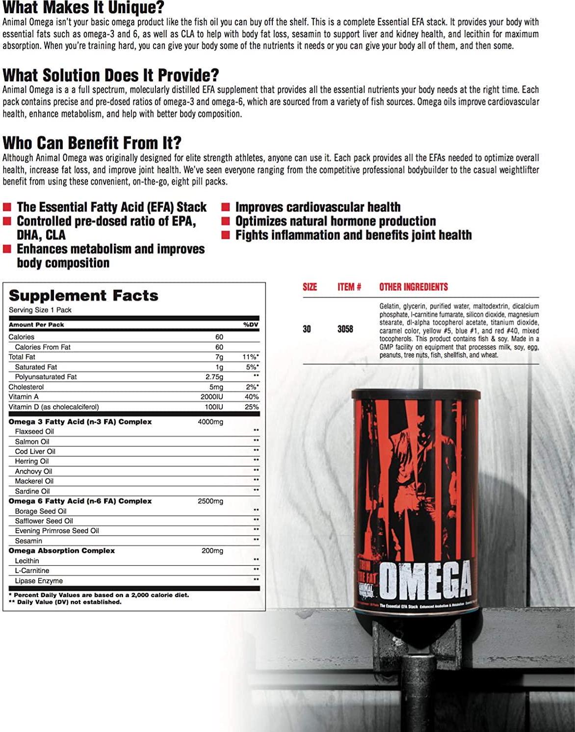 Animal Omega - Omega 3 6 Supplement - Fish Oil, Flaxseed Oil, Salmon Oil, Cod Liver, Herring, and more - 10 Sources of Omegas and EFAs - Full dose of EPA, DHA, CLA + Absorption Complex - 30 Day Pack