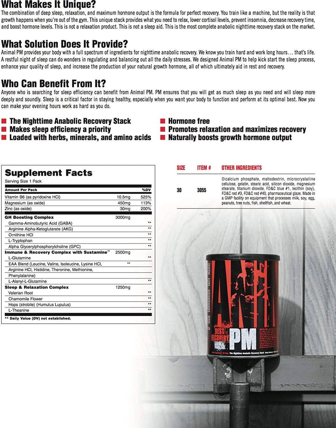 Animal PM - Zinc, Magnesium, Vitamin B6 - GBA + AKG - Immune and Recovery Complex - Sleep and Relaxation Complex - Night time Anabolic Recovery Stack - 30 Night Supply