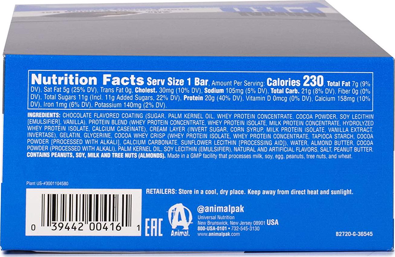 Animal Pro Protein Bar - 20g Protein - Pre and Post Workout Fuel, Cookies and Cream, 12 Count, Cookies and Cream, 12 Count