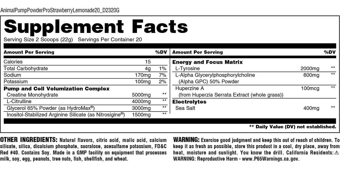 Animal Pump Pro Powder Non Stimulant Preworkout Pump and Cell volumization with Added Sea Salt for Electrolytes 20 Servings - Strawberry Lemonade