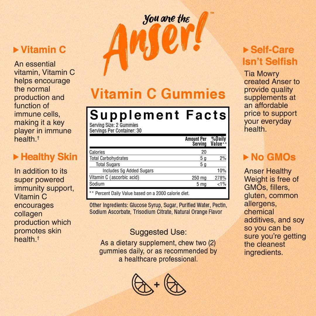 Anser Vitamin C Gummies for Adults - Supports Immune Defense with 250MG Per Serving -Natural Orange Flavor - Vegan, Gluten Free, No Artificial Ingredients - 30 Servings by Tia Mowry