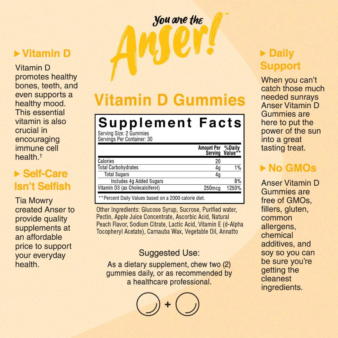 Anser Vitamin D3 Gummies for Immune Support - Great Tasting Supplement for Healthy Heart and Bone Support - Gummy Supplement for Adults and Kids - No Artificial Ingredients - 30 Servings by Tia Mowry