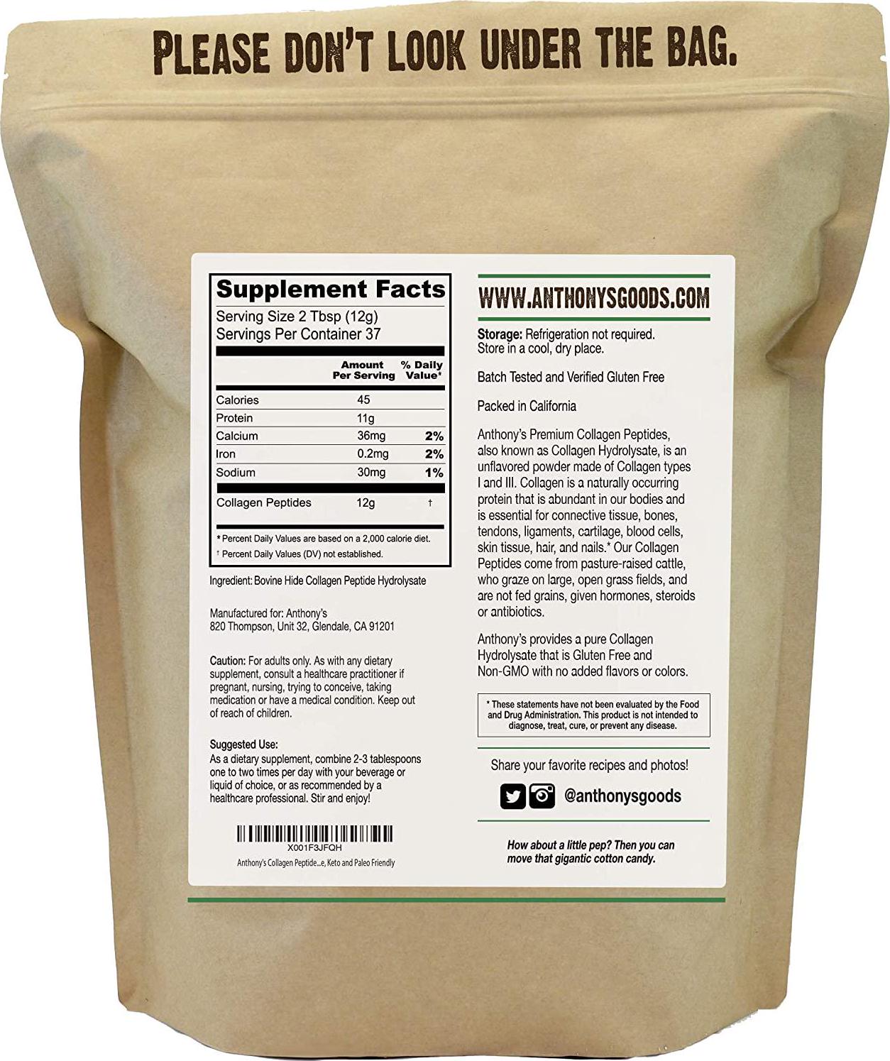 Anthony's Collagen Peptide Powder, 1Lb, Pure Hydrolyzed, Gluten Free, Keto and Paleo Friendly