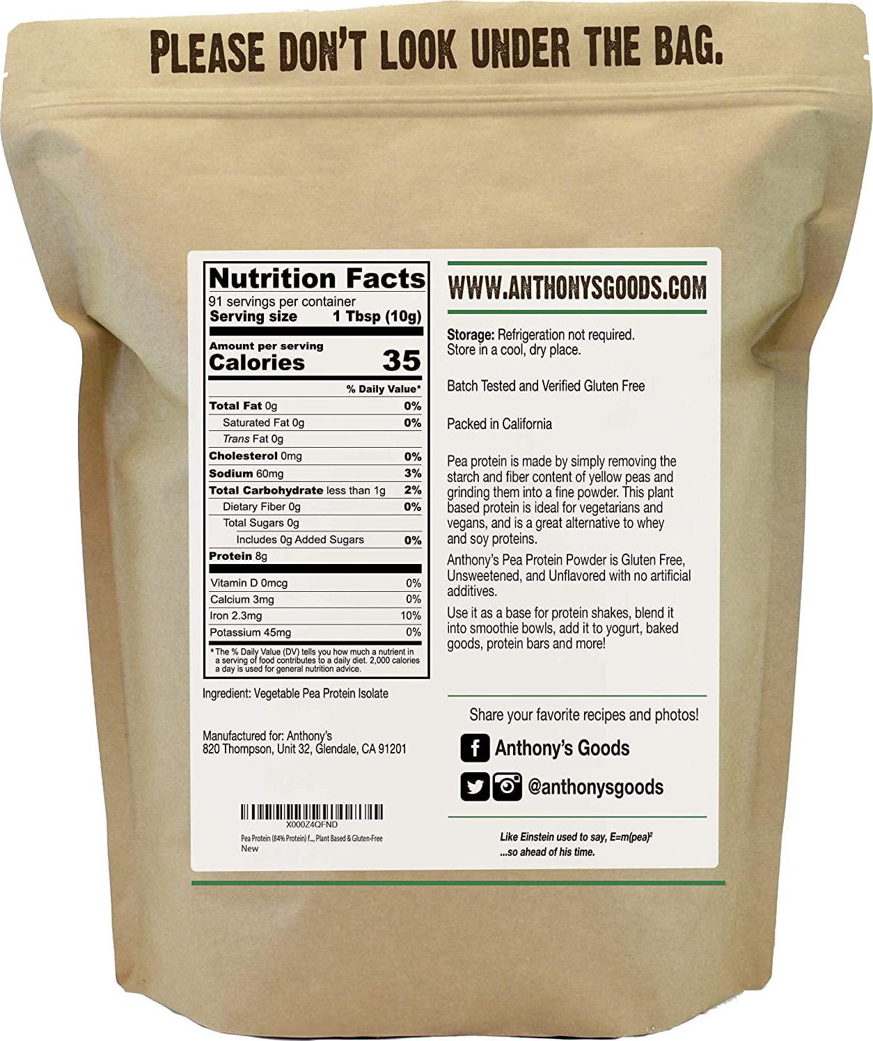 Anthony's Goods Premium Pea Protein, 2Lbs, Plant Based, Gluten Free, Unflavored, Vegan, Keto Friendly