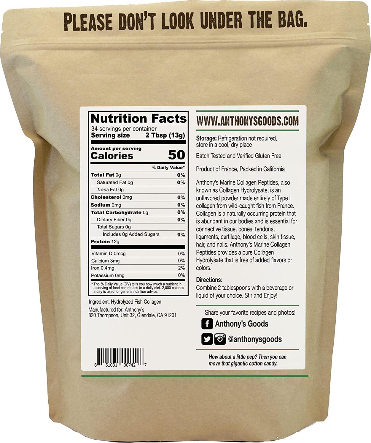 Anthony's Hydrolyzed Marine Collagen Peptides, 1Lb, Gluten Free, Paleo and Keto Friendly