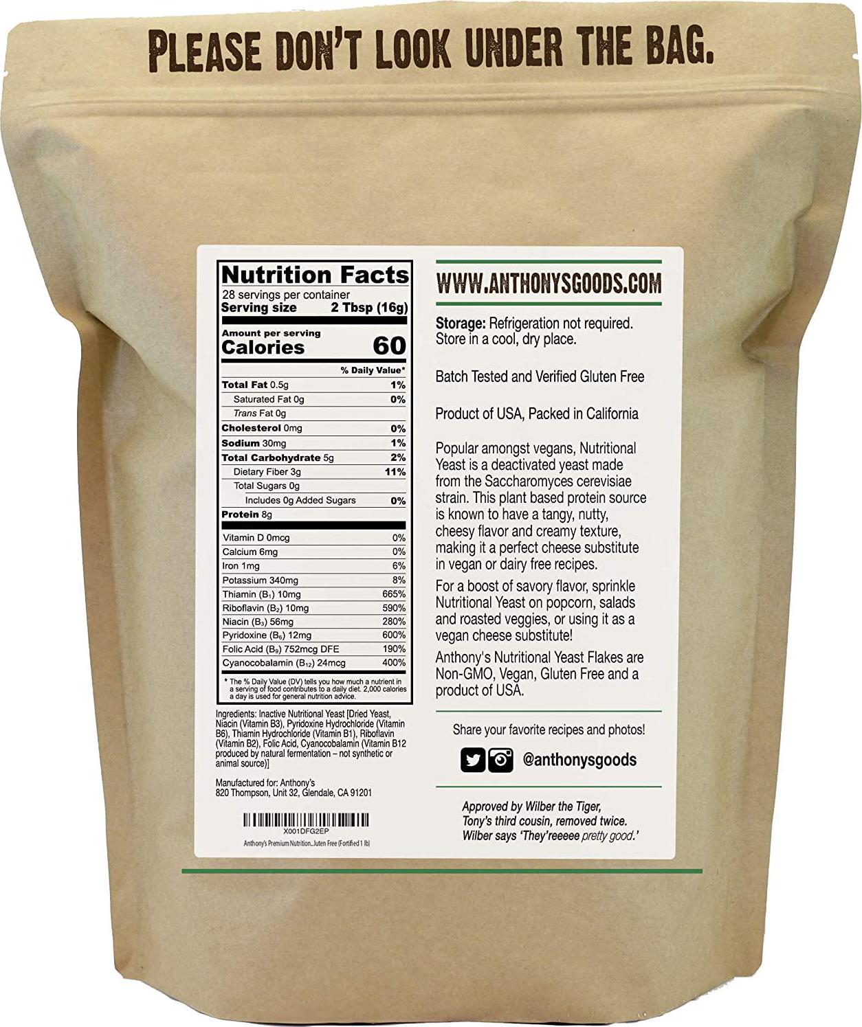 Anthony's Premium Nutritional Yeast Flakes, 1Lb, Fortified, Gluten Free, Non GMO, Vegan