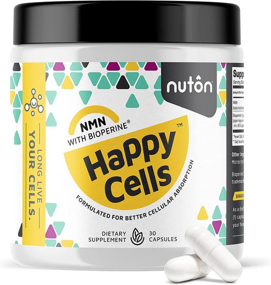 Anti Aging NMN and Bioperine Supplement – Happy Cells Nicotinamide Mononucleotide and Black Pepper Extract Capsules Promote Overall Health and Cellular Repair by Preserving DNA by Nuton, 30-Day Supply