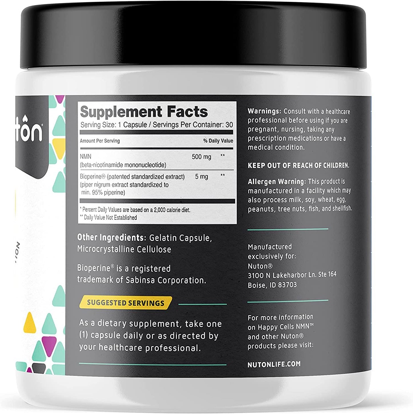 Anti Aging NMN and Bioperine Supplement – Happy Cells Nicotinamide Mononucleotide and Black Pepper Extract Capsules Promote Overall Health and Cellular Repair by Preserving DNA by Nuton, 30-Day Supply