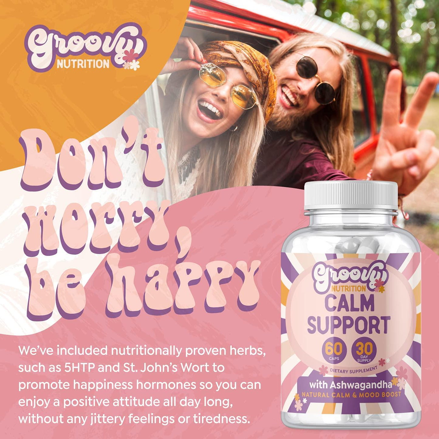 Anti Anxiety Supplements for Stress Relief, Mood Boost, Antidepressant, Natural Calm with 5HTP, Ashwagandha Extract, GABA │60 Non GMO Happy Pills and Serotonin Supplement