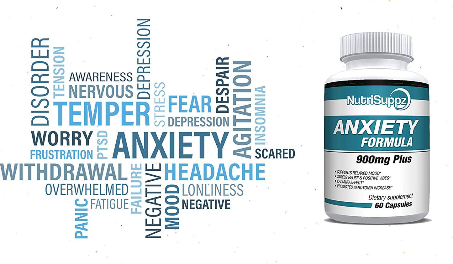 Anti Anxiety Supplement 900mg With Gaba, L-Theanine, 5-HTP, Ashwagandha, Magnesium Oxide, St. John's Wort, Chamomile - Positive Mood, Relaxed Mind, Promote Higher Serotonin, Live In Peace