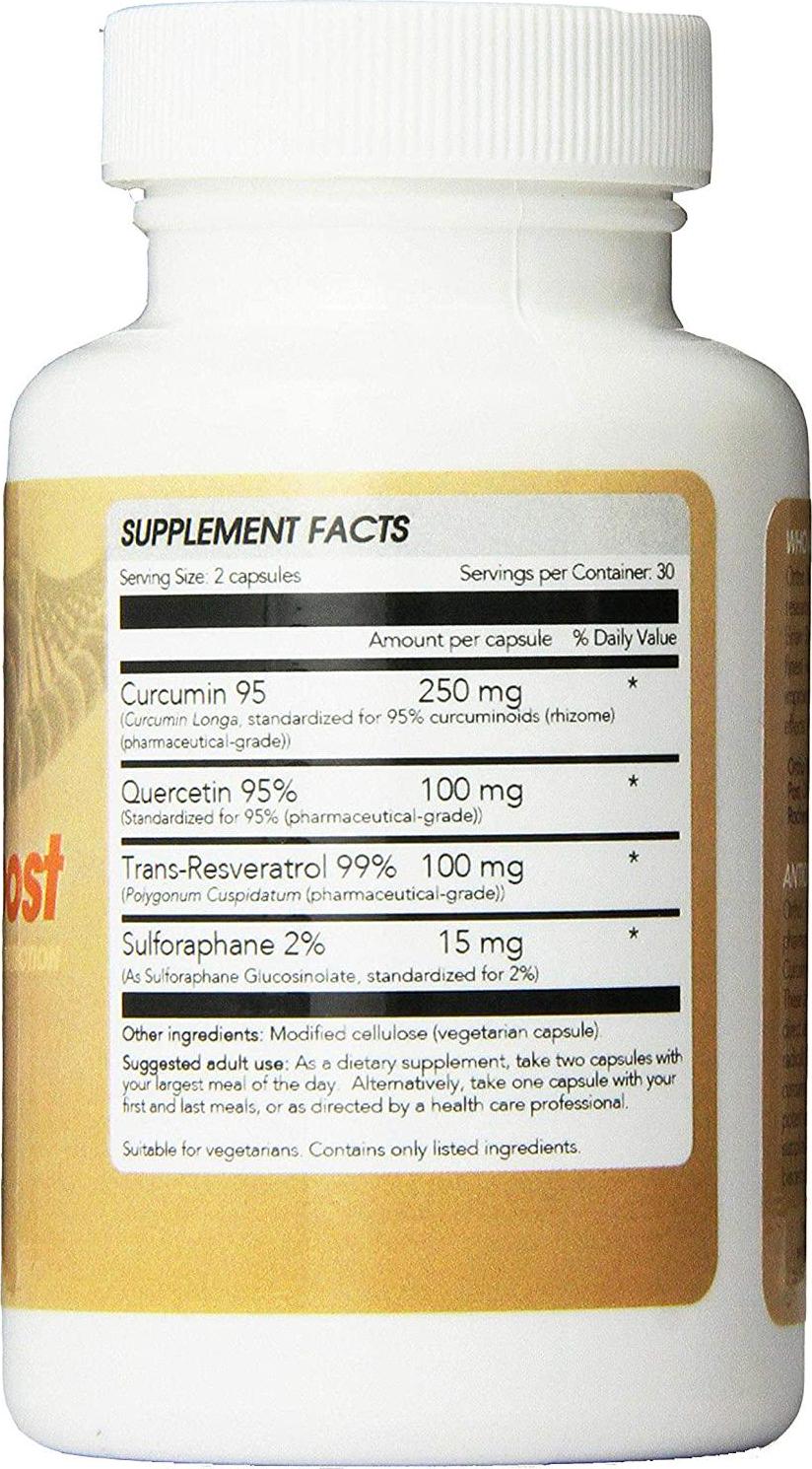 Antioxidant Boost - Resveratrol 99%, Curcumin 95, Sulforaphane, Quercetin - 500 Mg (60 Vegetarian Capsules)