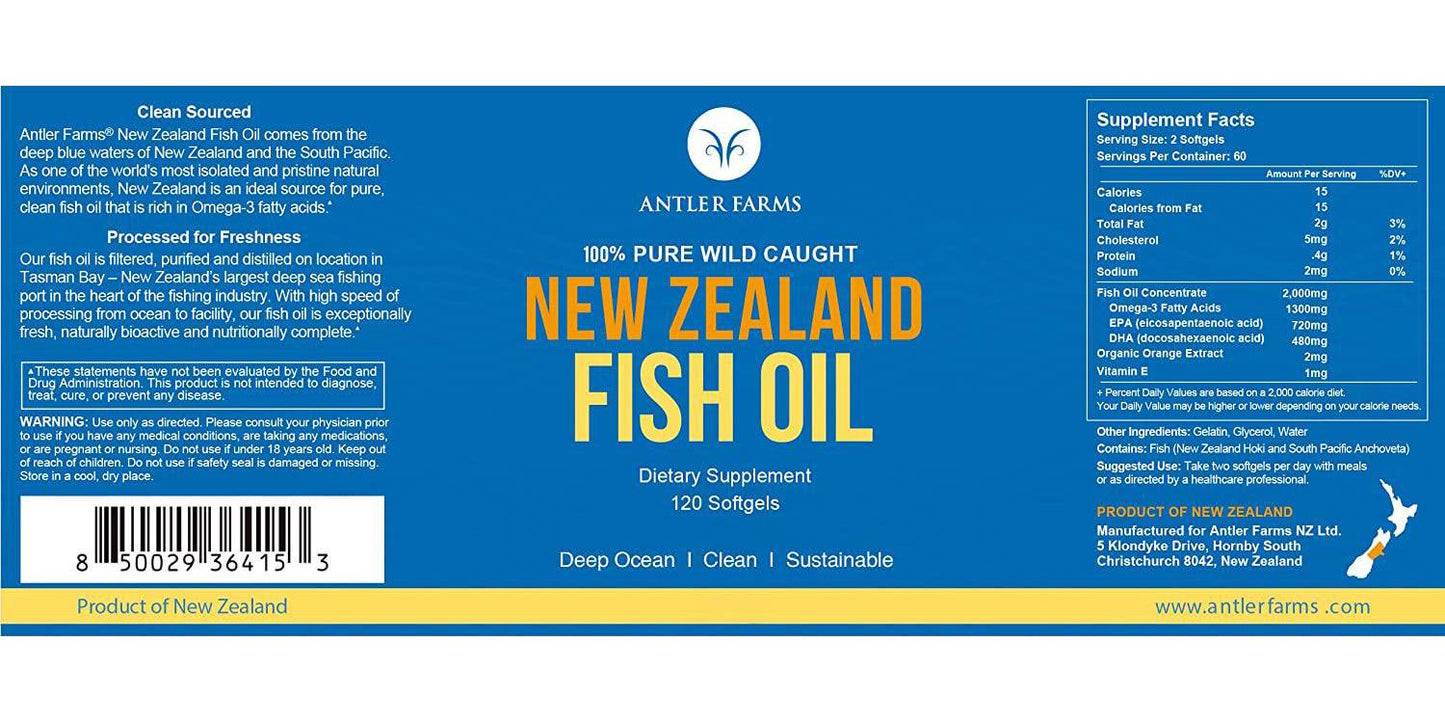Antler Farms - 100% Pure Wild Caught New Zealand Fish Oil from Deep Ocean, Cold Water Fish, 120 Softgels - Clean, Fresh Omega-3 EPA + DHA Supplement, Keto Friendly, Super Clean