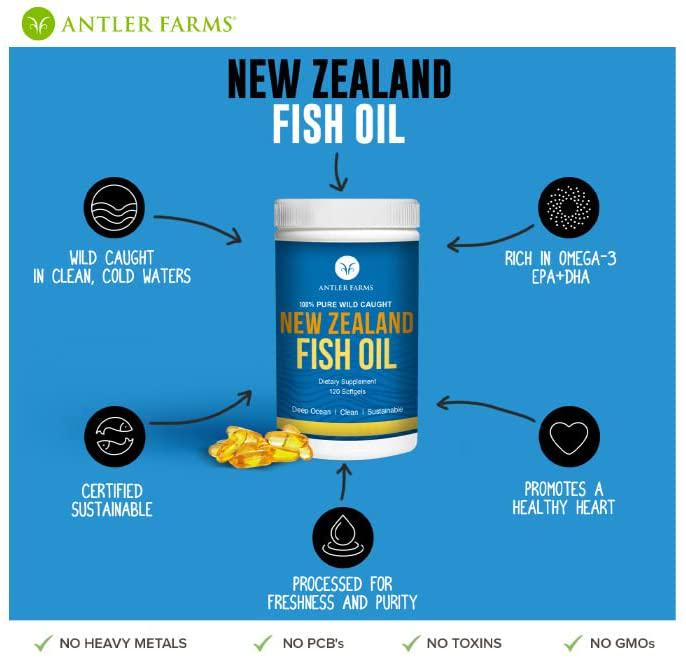 Antler Farms - 100% Pure Wild Caught New Zealand Fish Oil from Deep Ocean, Cold Water Fish, 120 Softgels - Clean, Fresh Omega-3 EPA + DHA Supplement, Keto Friendly, Super Clean
