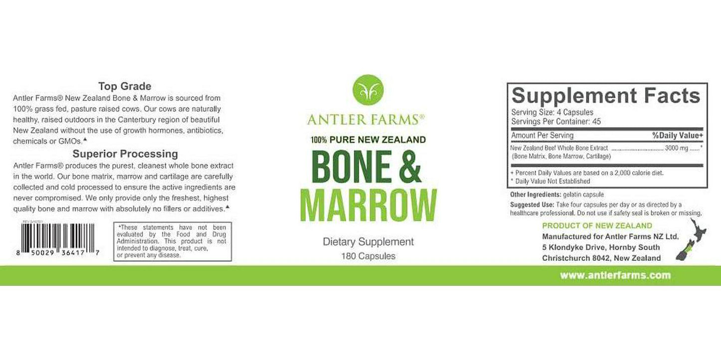 Antler Farms - 100% Pure New Zealand Bone and Marrow, 180 Capsules, 750mg - Grass Fed, Pasture Raised Whole Bone Extract, Healthy Essential Fats, Stem Cells, Collagen, Calcium, Phosphorus and Minerals