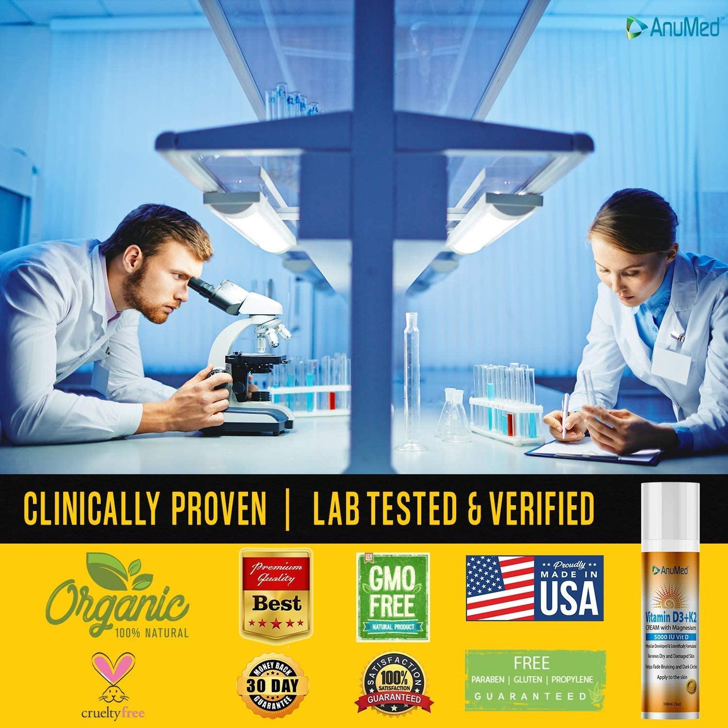 AnuMed Vitamin D3+K2 with Magnesium 5,000 IU Cream + Hyaluronic Acid. Best Moisturizer for Dry Skin and Healthy Skin Care. Promotes Stronger Bones, Muscles, Joints. Maximum Calcium Absorption (3oz)