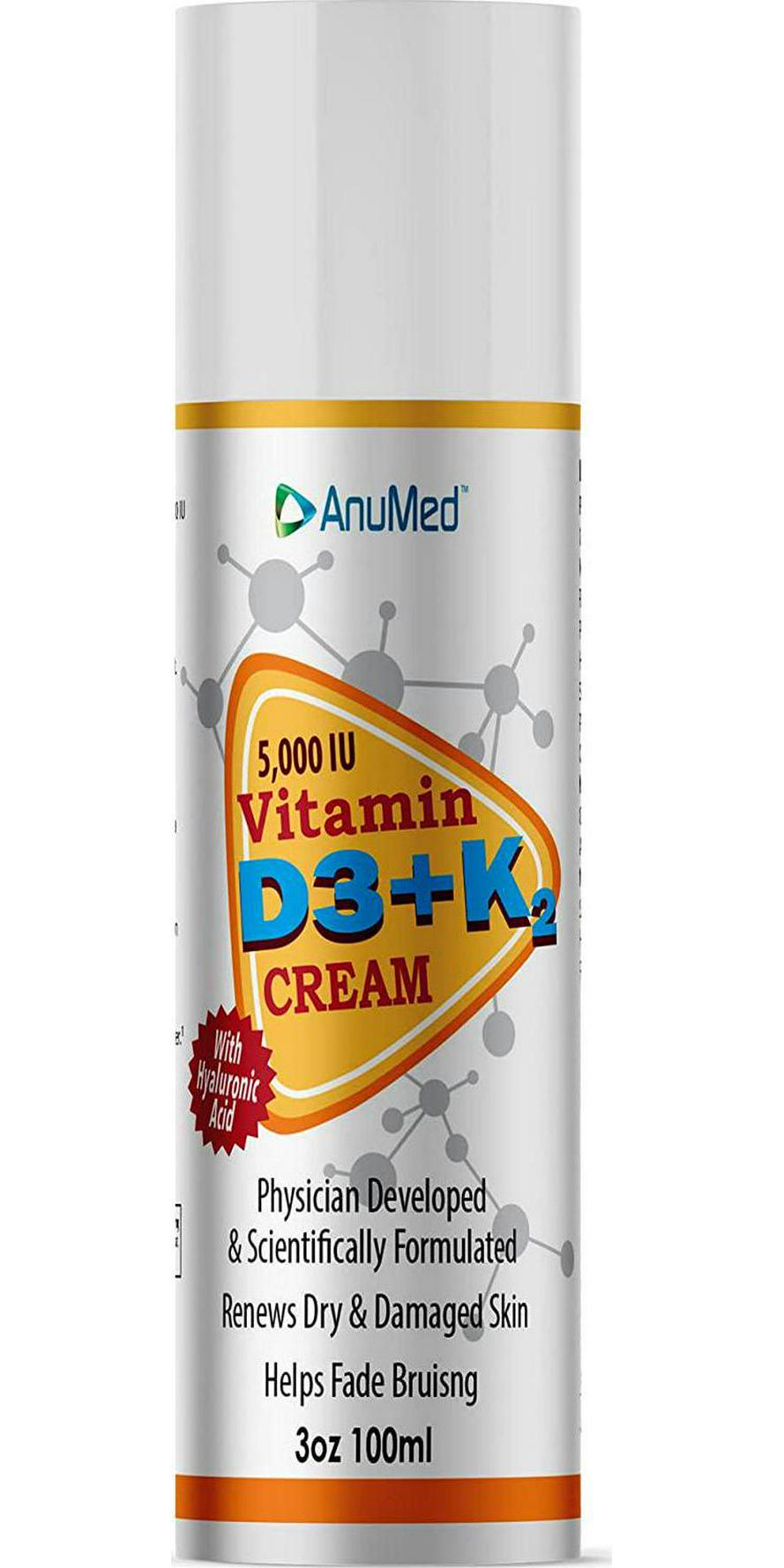 AnuMed Vitamin D3+K2 with Magnesium 5,000 IU Cream + Hyaluronic Acid. Best Moisturizer for Dry Skin and Healthy Skin Care. Promotes Stronger Bones, Muscles, Joints. Maximum Calcium Absorption (3oz)