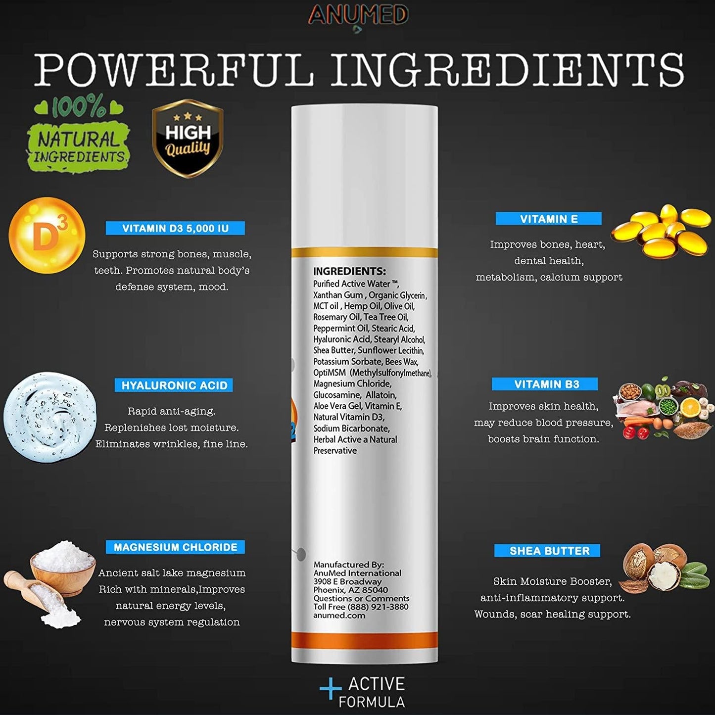 AnuMed Vitamin D3+K2 with Magnesium 5,000 IU Cream + Hyaluronic Acid. Best Moisturizer for Dry Skin and Healthy Skin Care. Promotes Stronger Bones, Muscles, Joints. Maximum Calcium Absorption (3oz)