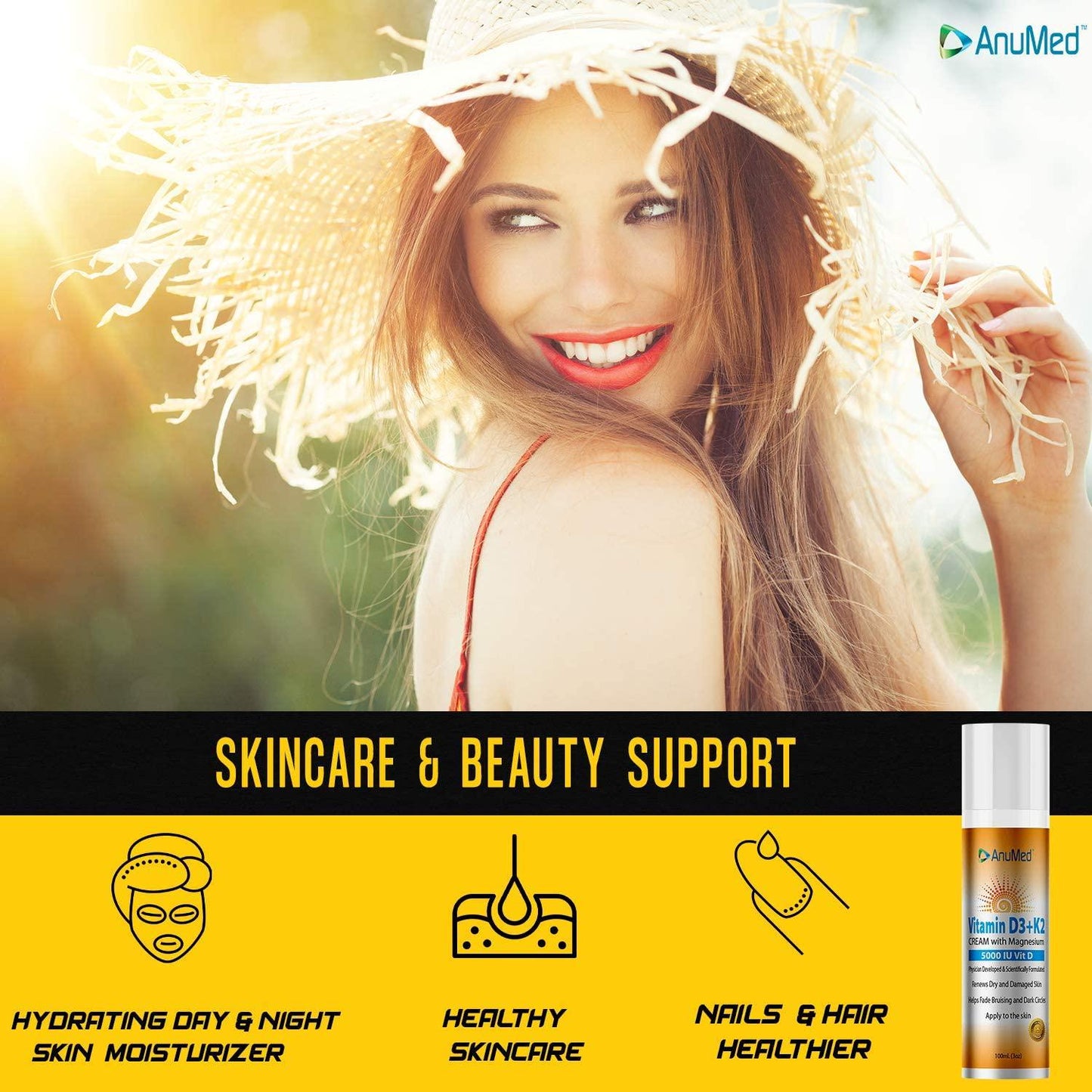 AnuMed Vitamin D3+K2 with Magnesium 5,000 IU Cream + Hyaluronic Acid. Best Moisturizer for Dry Skin and Healthy Skin Care. Promotes Stronger Bones, Muscles, Joints. Maximum Calcium Absorption (3oz)