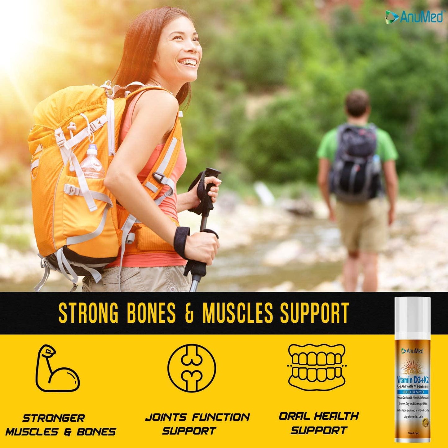 AnuMed Vitamin D3+K2 with Magnesium 5,000 IU Cream + Hyaluronic Acid. Best Moisturizer for Dry Skin and Healthy Skin Care. Promotes Stronger Bones, Muscles, Joints. Maximum Calcium Absorption (3oz)