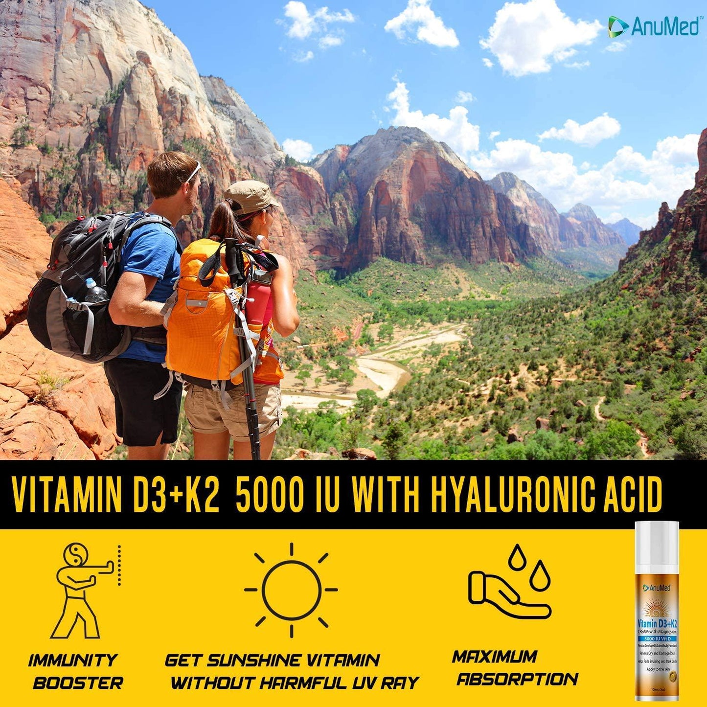AnuMed Vitamin D3+K2 with Magnesium 5,000 IU Cream + Hyaluronic Acid. Best Moisturizer for Dry Skin and Healthy Skin Care. Promotes Stronger Bones, Muscles, Joints. Maximum Calcium Absorption (3oz)