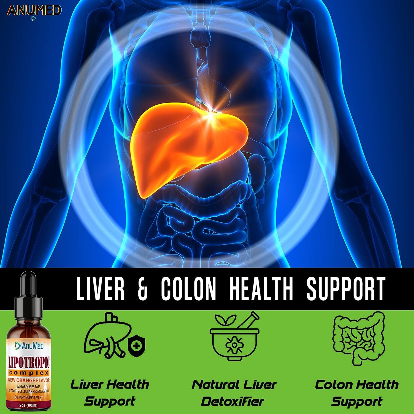 Anumed Lipotropic Liquid Liver-Health, Cleanse, Detox, Removes Alcohol Toxins, Nicotine, Medication, Antibiotics. Eliminate Toxins, and Fat in the liver. Cleanses Arteries, Balance Blood Glucose (2oz)
