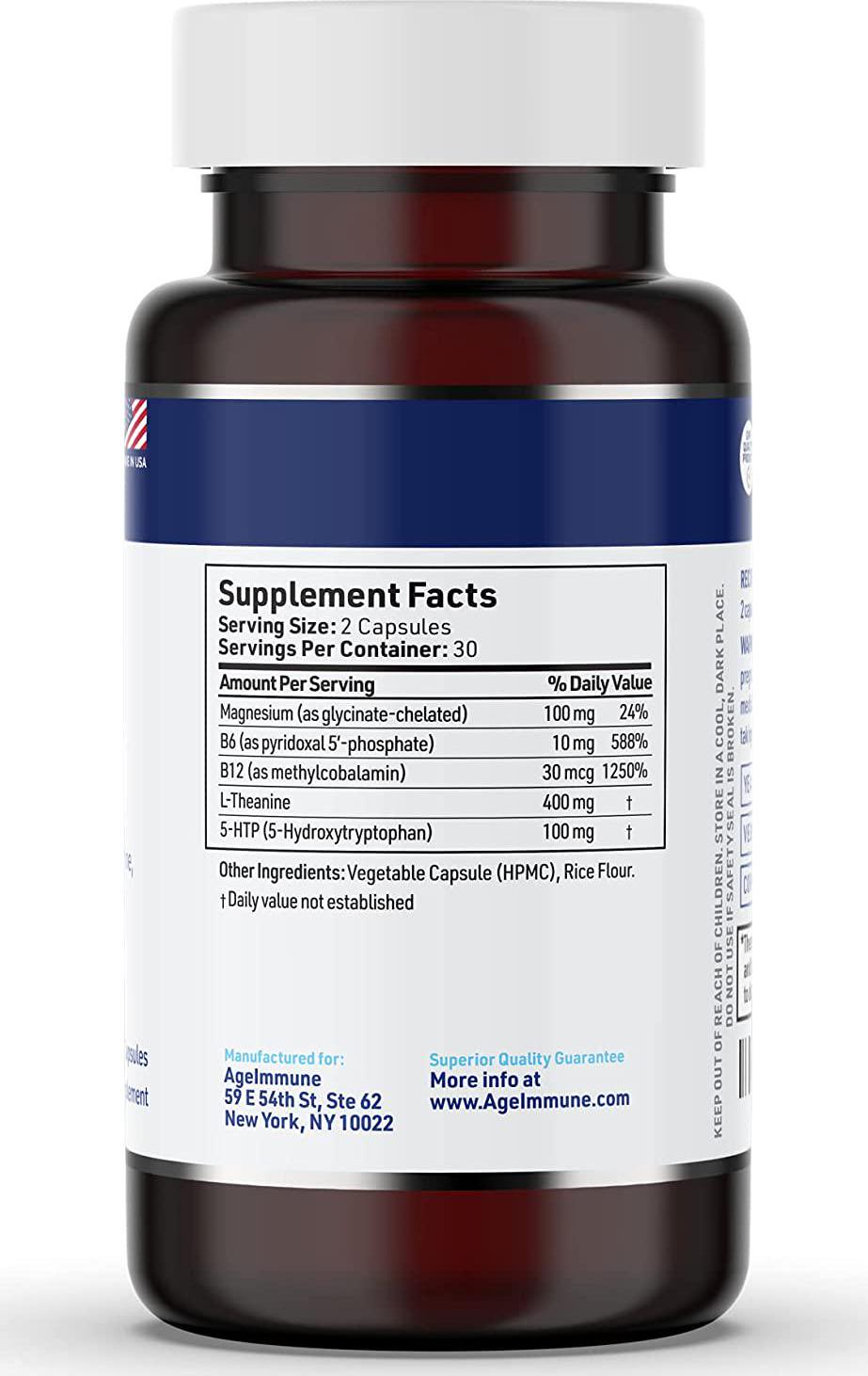 Anxiety Formula by AgeImmune; Anxiety Supplements Complex with L-Theanine, 5-HTP, Vitamins B6, B12 and Magnesium. Doctor Formulated, Magnesium Stearate Free. 60 Capsules.