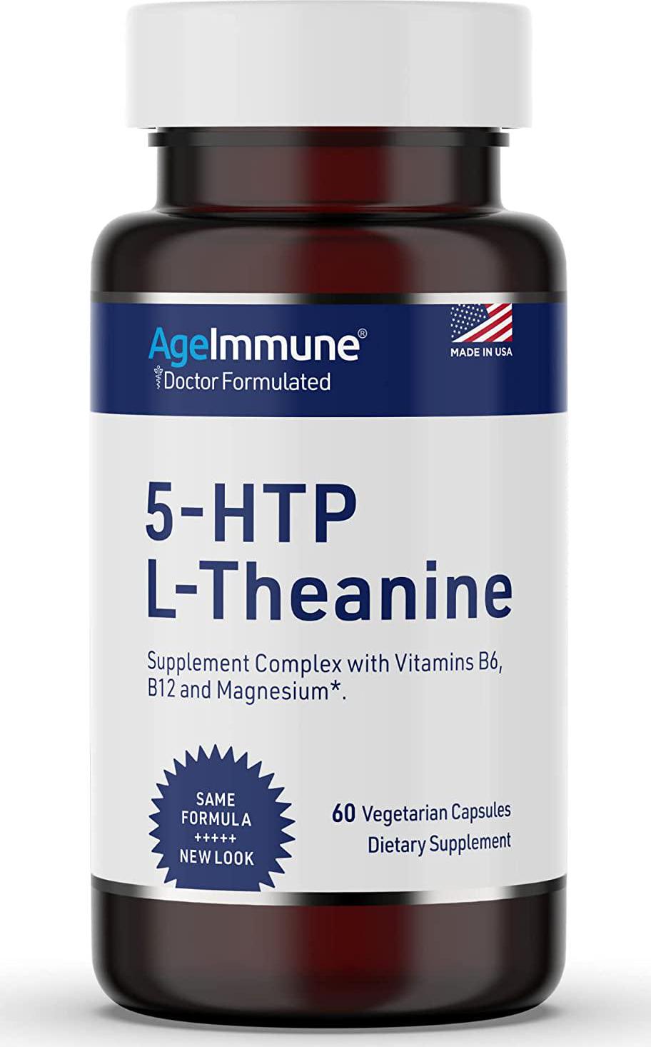 Anxiety Formula by AgeImmune; Anxiety Supplements Complex with L-Theanine, 5-HTP, Vitamins B6, B12 and Magnesium. Doctor Formulated, Magnesium Stearate Free. 60 Capsules.