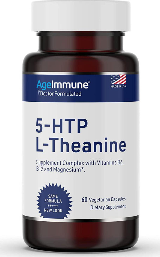 Anxiety Formula by AgeImmune; Anxiety Supplements Complex with L-Theanine, 5-HTP, Vitamins B6, B12 and Magnesium. Doctor Formulated, Magnesium Stearate Free. 60 Capsules.