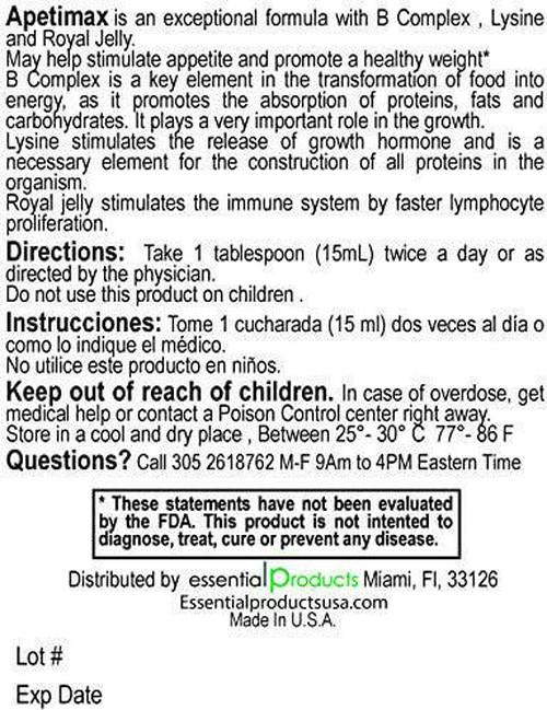 Apetimax Vitamins Lysine Royal Jelly Promotes Appetite Syrup for Adults and Kids (4oz for Adult)