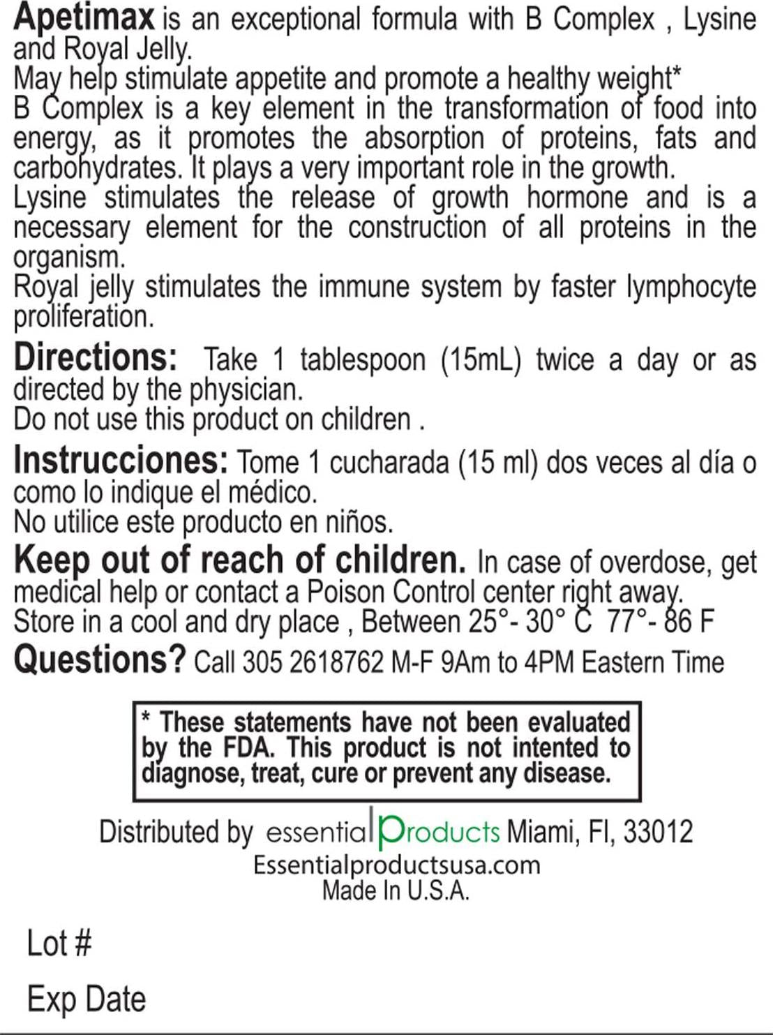 Apetimax Vitamins Lysine Royal Jelly Promotes Appetite Syrup for Adults and Kids (8oz)