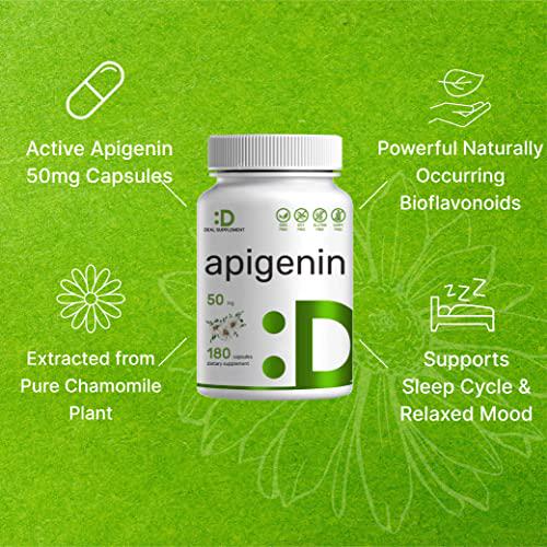 Apigenin 50mg, 180 Capsules, 6 Months Supply | Most Bioavailable Plant (Chamomile) Extract Bioflavonoids - Apigenin Supplement for Sleep, Relaxation and Mood, Third Party Tested and Made in The USA