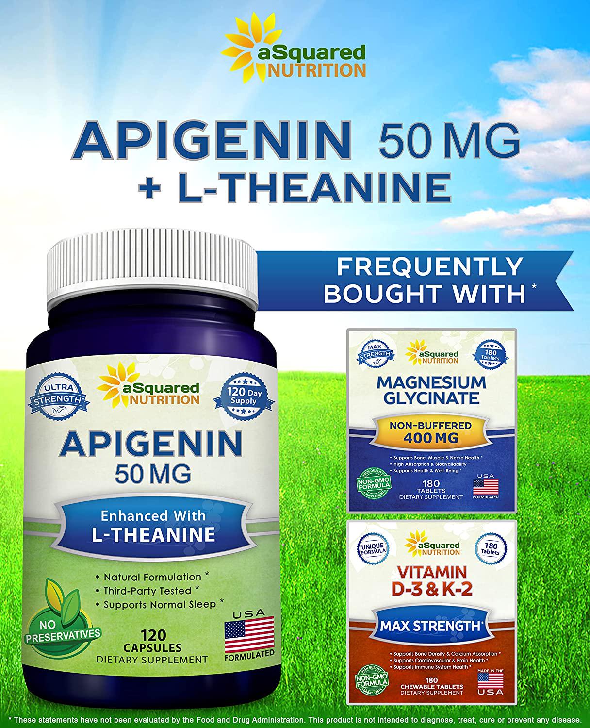 Apigenin 50mg and L-Theanine 200mg - 120 Capsules - Apigenin Supplement Pills for Sleep and Relaxation - Natural Bioflavonoid Extract Found in Chamomile Tea