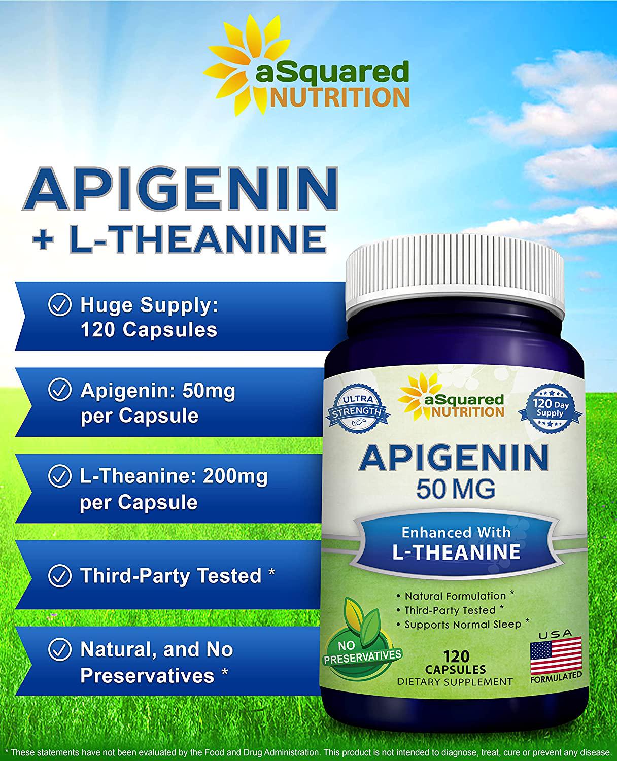 Apigenin 50mg and L-Theanine 200mg - 120 Capsules - Apigenin Supplement Pills for Sleep and Relaxation - Natural Bioflavonoid Extract Found in Chamomile Tea