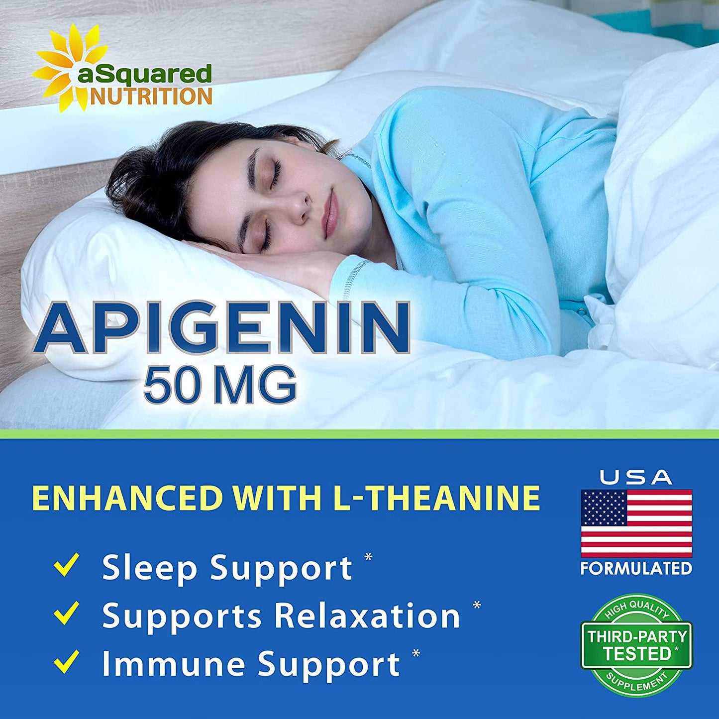 Apigenin 50mg and L-Theanine 200mg - 120 Capsules - Apigenin Supplement Pills for Sleep and Relaxation - Natural Bioflavonoid Extract Found in Chamomile Tea