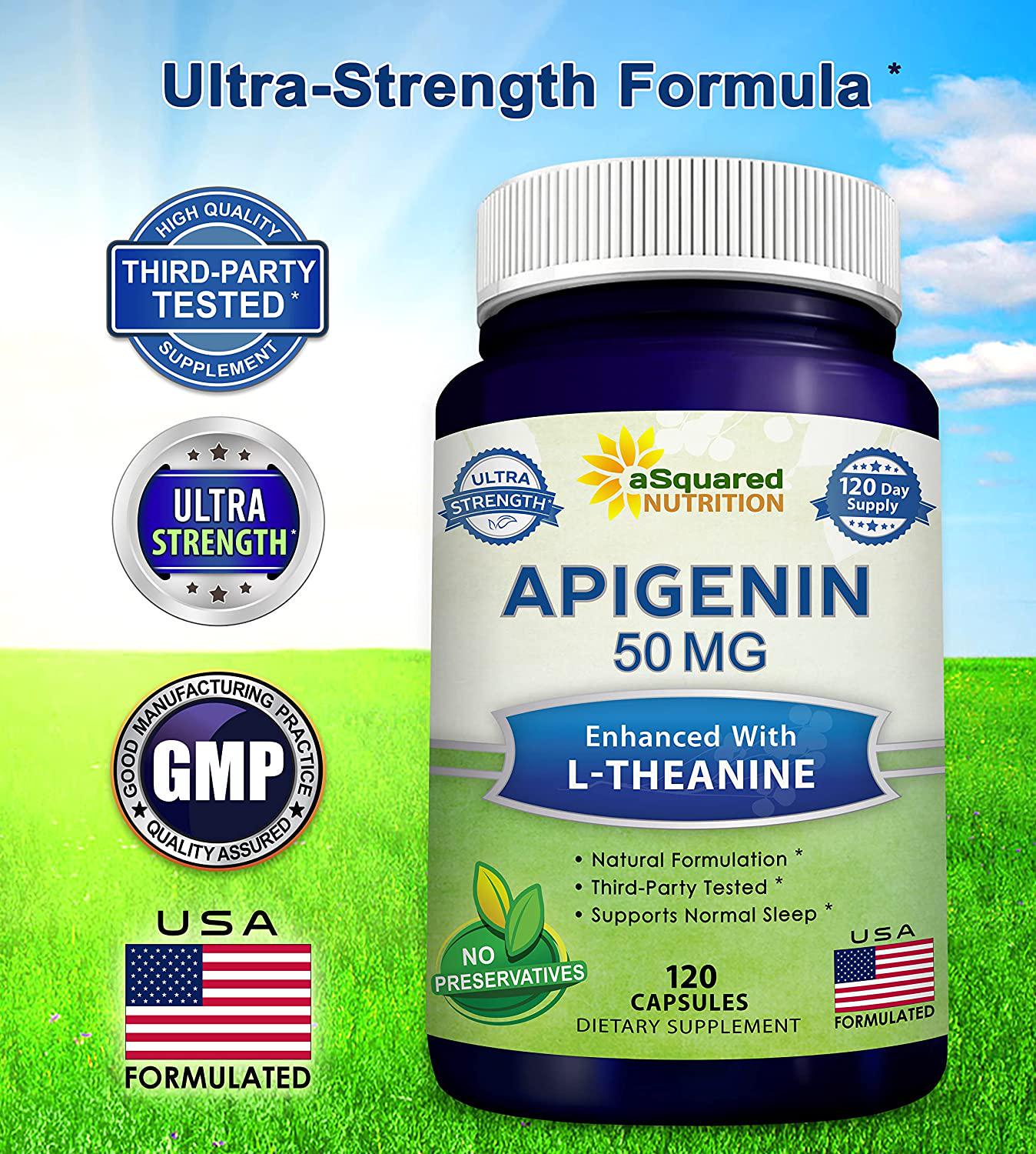 Apigenin 50mg and L-Theanine 200mg - 120 Capsules - Apigenin Supplement Pills for Sleep and Relaxation - Natural Bioflavonoid Extract Found in Chamomile Tea