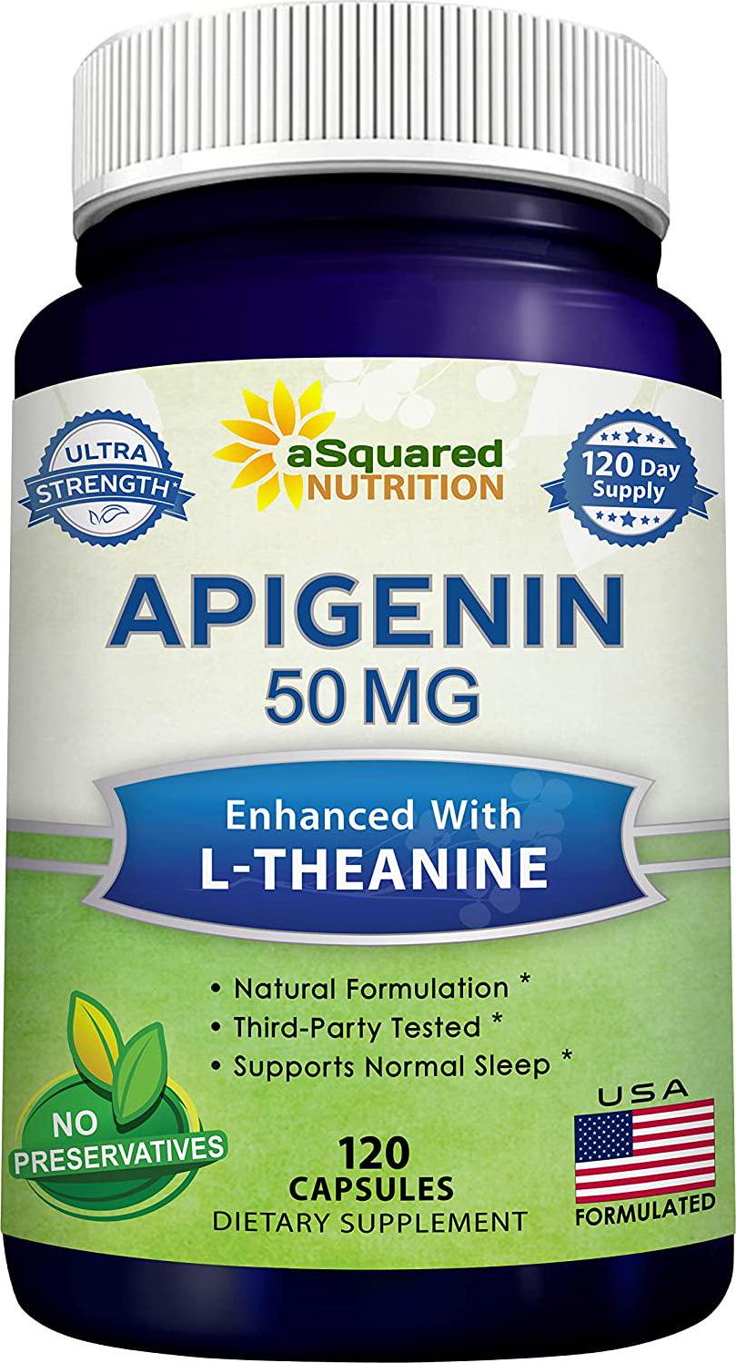 Apigenin 50mg and L-Theanine 200mg - 120 Capsules - Apigenin Supplement Pills for Sleep and Relaxation - Natural Bioflavonoid Extract Found in Chamomile Tea