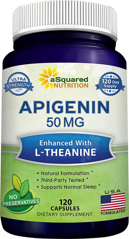 Apigenin 50mg and L-Theanine 200mg - 120 Capsules - Apigenin Supplement Pills for Sleep and Relaxation - Natural Bioflavonoid Extract Found in Chamomile Tea