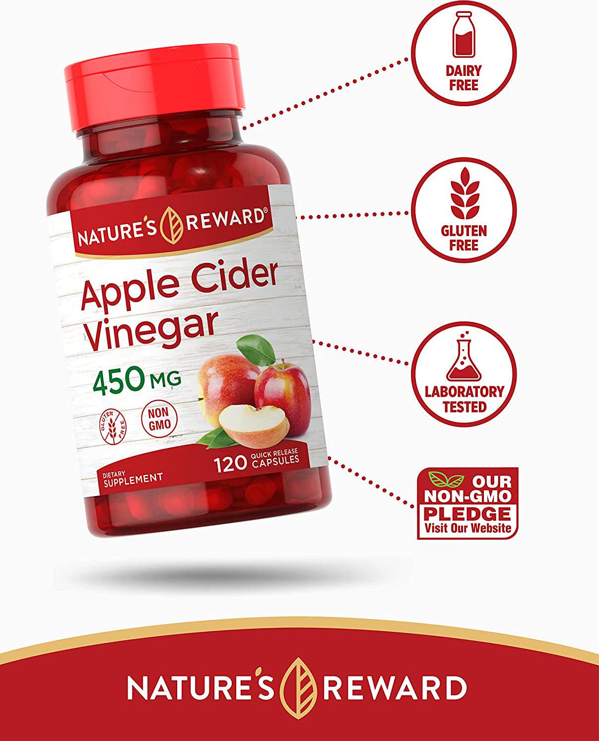 Apple Cider Vinegar Capsules - 120 Count - Non-GMO and Gluten Free Supplement - Nature&#039;s Reward
