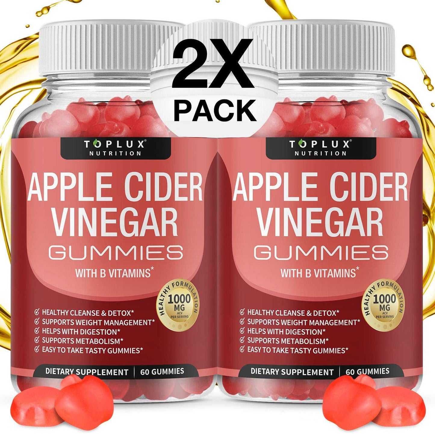 Apple Cider Vinegar Gummies - 1000mg Organic ACV with The Mother for Immune System, Detox and Cleanse, Gummy Alternative to Apple Cider Vinegar Capsules, for Men Women, 60 Gummies, toplux Supplement