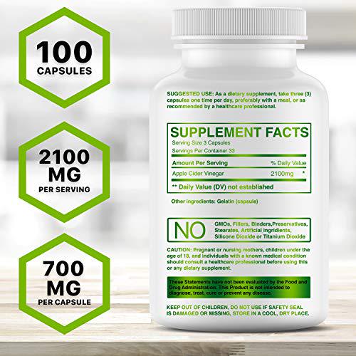 Apple Cider Vinegar Capsules - 100 Capsules 2250 MG - Organic Apple Cider Vinegar Pills for Cleanse and Detox - ACV Supplement for Immune System