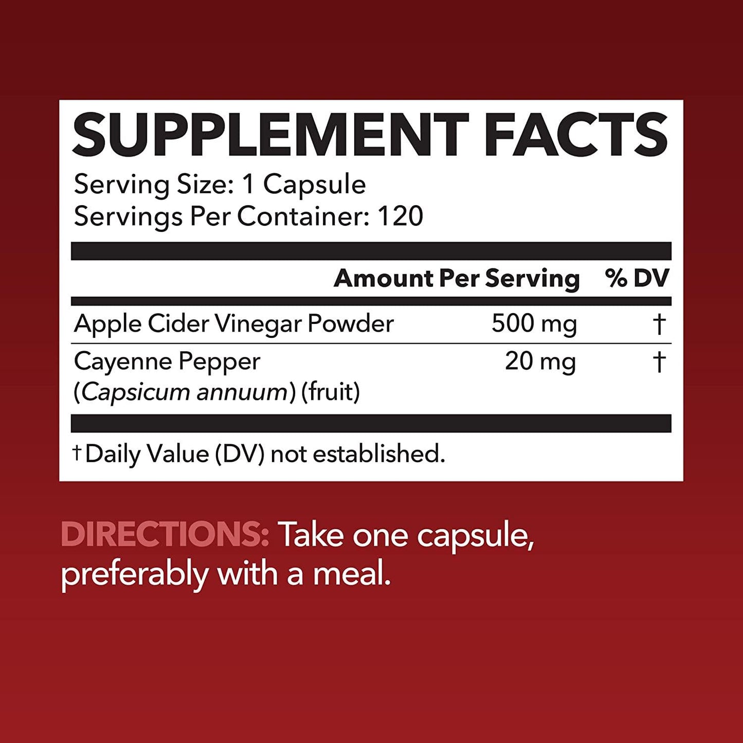 Apple Cider Vinegar Capsules with 500mg Apple Cider Vinegar and 20mg Cayenne Pepper per Serving for Bloating Relief