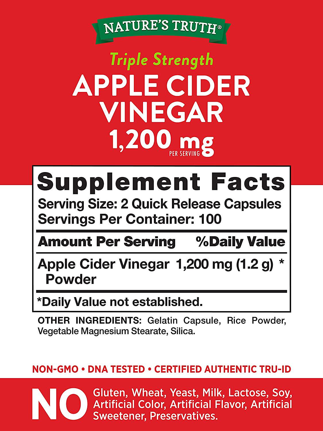 Apple Cider Vinegar Capsules | 600mg | 200 Pills | Value Size | Vegetarian, Non-GMO, Gluten Free | by Nature's Truth