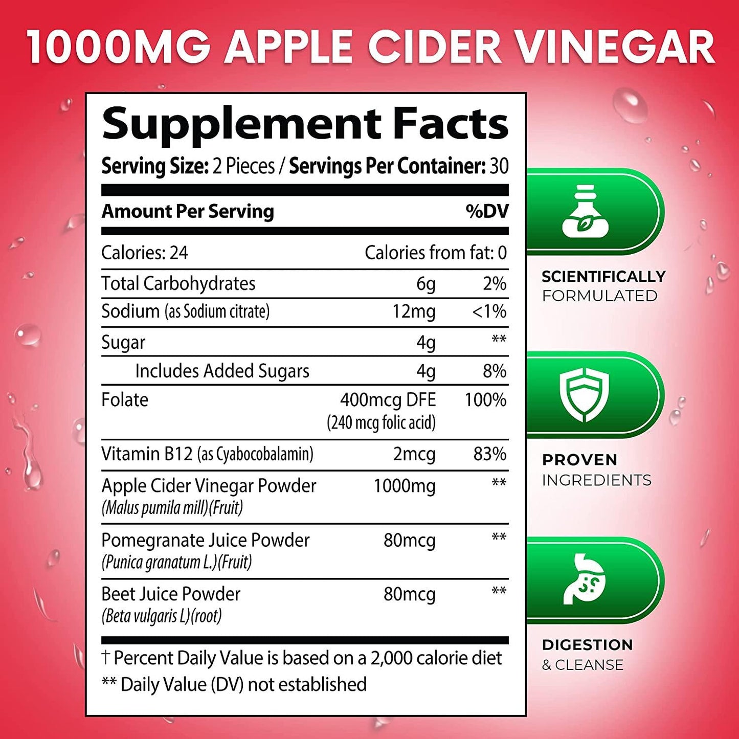 Apple Cider Vinegar Gummies 1000mg ACV from The Mother with Folic Acid, Vitamin B12, Beetroot, and Pomegranate, Chewable Apple Cider Gummy for Cleanse, Digestion, and Energy, Apple Flavor, 60 Gummies