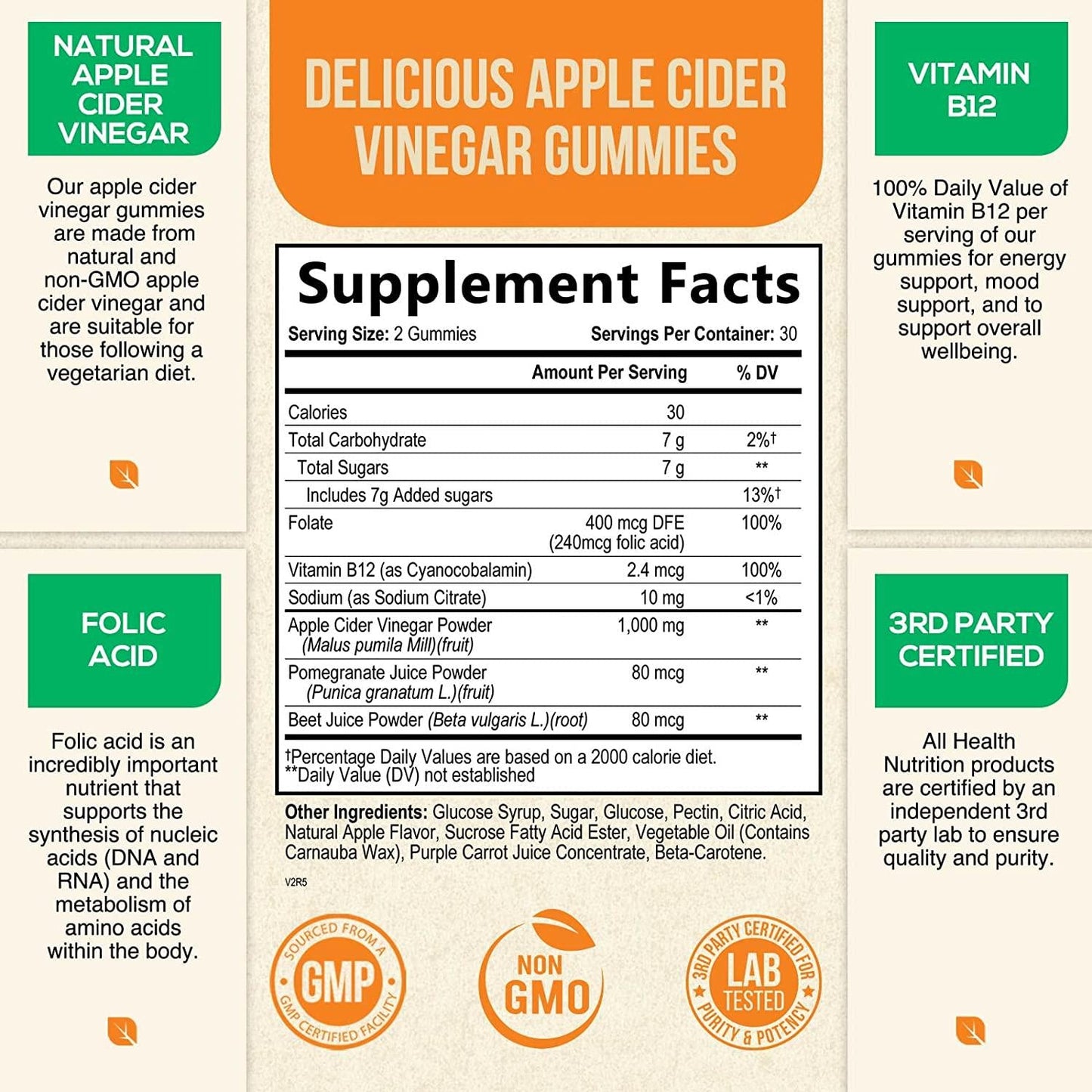 Apple Cider Vinegar Gummies for Health Support and Cleanse 1000mg - Delicious Natural ACV Gummy Vitamins - Folic Acid, Beet Juice, Pomegranate - Non-GMO - 60 Gummies