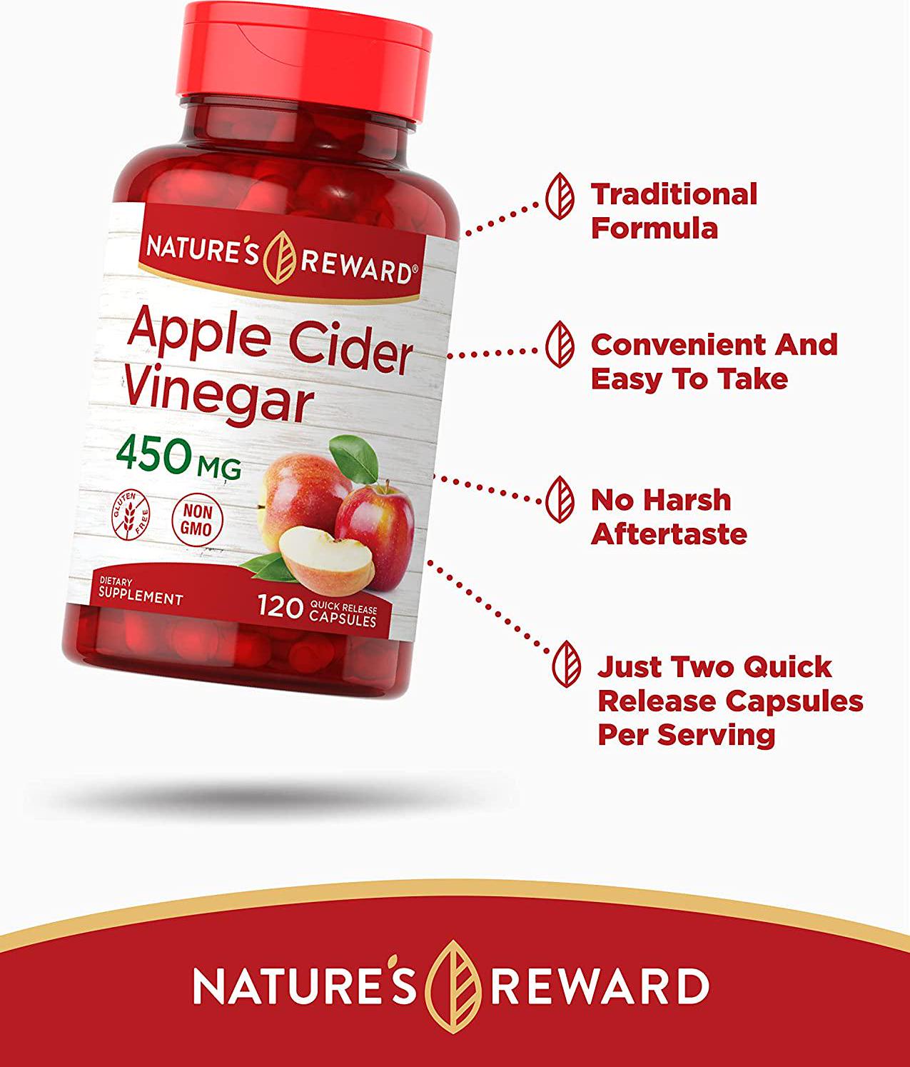Apple Cider Vinegar Capsules - 120 Count - Non-GMO and Gluten Free Supplement - Nature&#039;s Reward