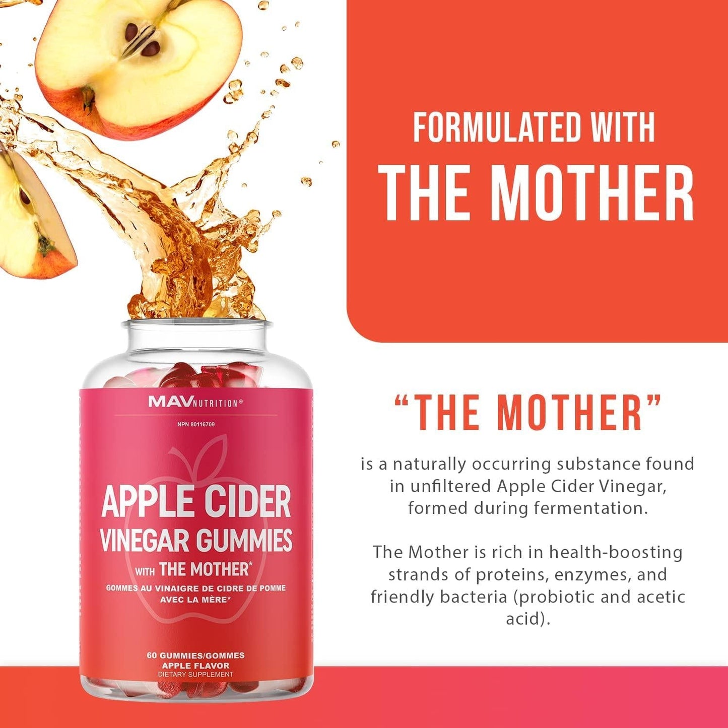 Apple Cider Vinegar Gummies with Vitamin B6, B12 and Folic Acid | for Cleansing, Metabolism, Energy Boost and Immunity Dietary Supplement | 60 ACV Gummies with The Mother
