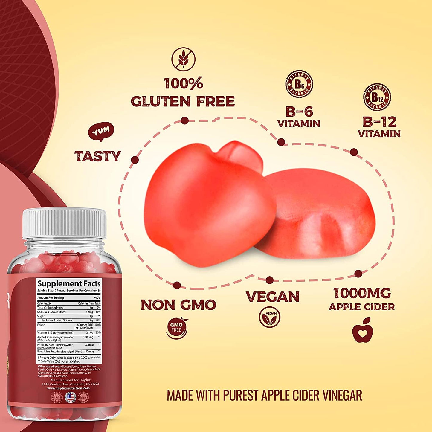 Apple Cider Vinegar Gummies - 1000mg Organic ACV with The Mother for Immune System, Detox and Cleanse, Gummy Alternative to Apple Cider Vinegar Capsules, for Men Women, 60 Gummies, toplux Supplement